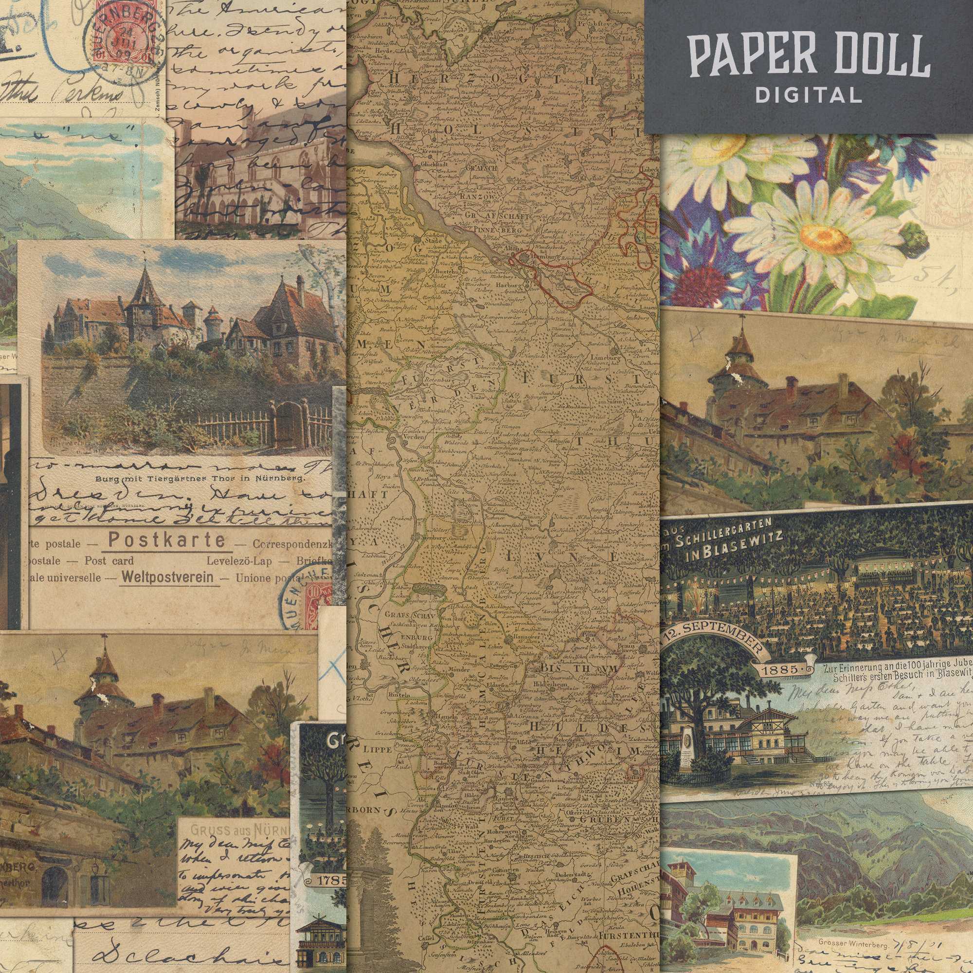 Postcards From Germany Digital Paper - Vintage Travel - Vintage Germany ...