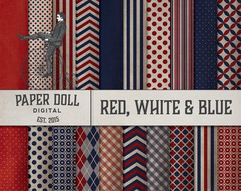 Vintage Patriotic Digital Paper – Red, White, and Blue (20 Sheets) (Digital Download)