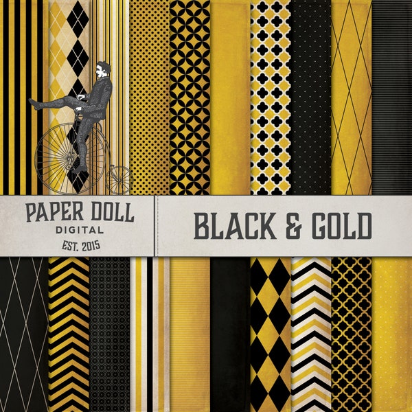 Black and Gold Digital Paper - Chevron Paper - Scrapbooking, Junk Journal - Harlequin Pattern - Quatrefoil Instant Download - 20 Sheets