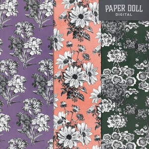 May include: Three digital paper patterns featuring black and white floral designs on different colored backgrounds. The patterns include a purple background with white carnations, a peach background with white daisies, and a dark green background with white geraniums.