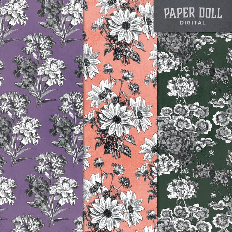 May include: Three digital paper patterns featuring black and white floral designs on different colored backgrounds. The patterns include a purple background with white carnations, a peach background with white daisies, and a dark green background with white geraniums.