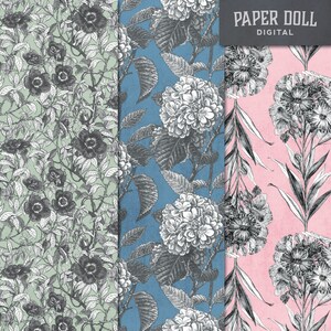 May include: Three digital paper patterns featuring floral designs. The first pattern is green with white flowers. The second pattern is blue with white flowers. The third pattern is pink with white flowers. The text "PAPER DOLL DIGITAL" is at the top of the image.