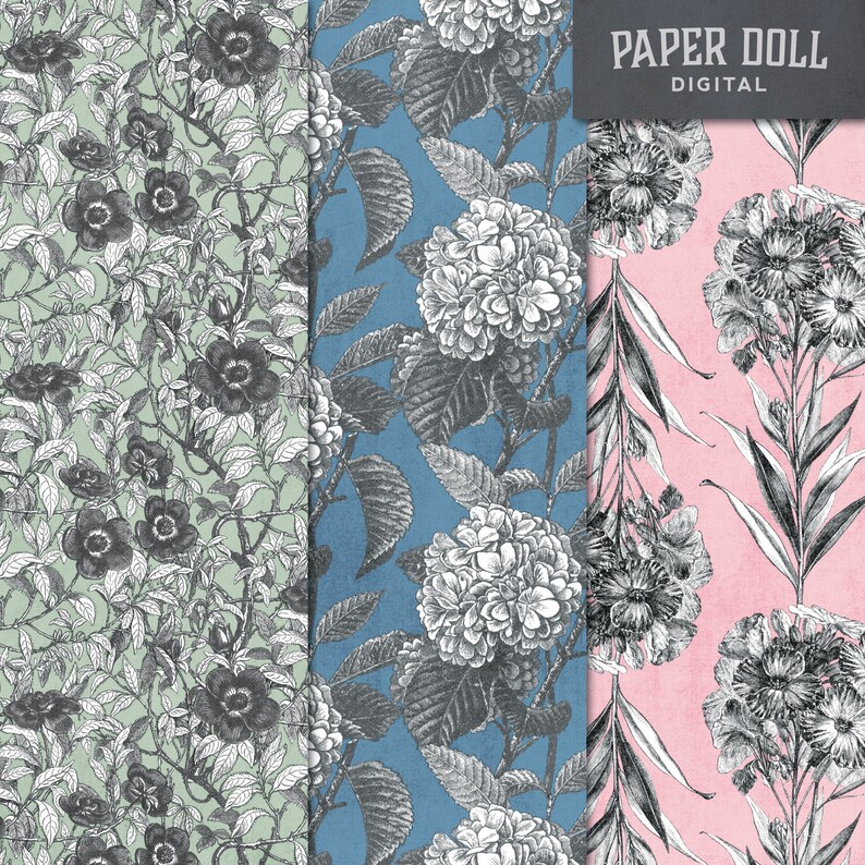 May include: Three digital paper patterns featuring floral designs. The first pattern is green with white flowers. The second pattern is blue with white flowers. The third pattern is pink with white flowers. The text "PAPER DOLL DIGITAL" is at the top of the image.