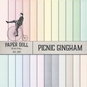 Puede incluir: Un conjunto de 16 patrones de papel digital con un diseño de cuadros vichy en varios colores pastel. Los patrones están etiquetados como "Picnic Gingham" y son perfectos para manualidades y scrapbooking.