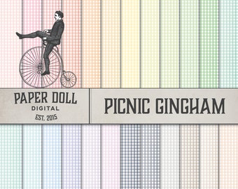 Gingham Digital Paper - Picnic Scrapbooking Paper, Junk Journal - Checked Pattern - Instant Download - 24 Sheets