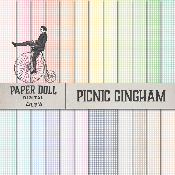 Gingham Digital Paper - Picnic Scrapbooking Paper, Junk Journal - Checked Pattern - Instant Download - 24 Sheets