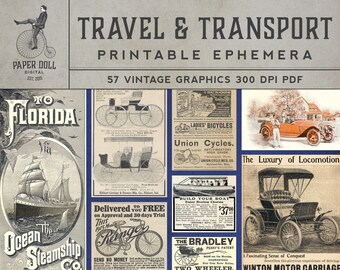 Printable Travel Transportation Ephemera - PDF - Vintage Magazine - Scrapbooking - Junk Journal - Cardmaking -  57 Images - Instant Download