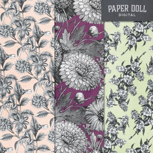 May include: Three digital paper patterns featuring black and white illustrations of flowers on different colored backgrounds. The first pattern is on a light pink background, the second is on a dark purple background, and the third is on a light green background.  The text "PAPER DOLL DIGITAL" is at the top of the image.