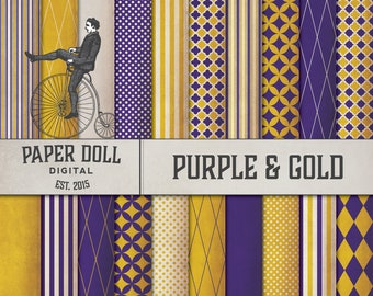 Purple & Gold Digital Paper – Vintage Scrapbook Patterns (Digital Download)