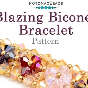 May include: A close-up of a beaded bracelet with gold, pink, red, and purple beads. The bracelet is made with bicone beads and seed beads. The title "Blazing Bicones Bracelet Pattern" is visible at the top of the image.