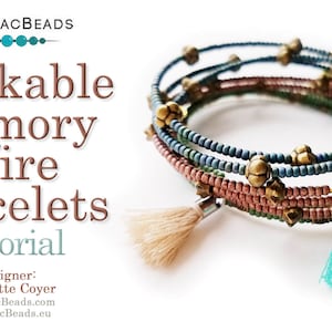 May include: A set of four stackable memory wire bracelets with turquoise, green, and pink beads and gold accents. The bracelets have tassels attached to them. The image includes the text "Stackable Memory Wire Bracelets Tutorial".