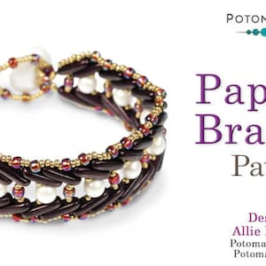 May include: A brown and white beaded bracelet with a chevron pattern. The bracelet is called "Papyrus Bracelet Pattern" and is designed by Allie Buchman. The website address for Potomac Beads is included.