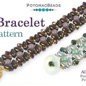 以下が含まれることがあります： 茶色と紫色の色合いのビーズブレスレットと、緑と銀色の色合いのビーズブレスレットの2つ。ブレスレットはシードビーズで作られており、ユニークな織り模様が特徴です。ブレスレットの上に「Iris Bracelet Pattern」というテキストが表示されています。