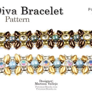 May include: Two beaded bracelets with a gold, brown, and blue color scheme. The bracelets feature a repeating pattern of small beads and larger, faceted beads. The top bracelet has a brown and gold color scheme, while the bottom bracelet has a blue and gold color scheme. The bracelets are shown on a white background. Iris Diva Bracelet Pattern.
