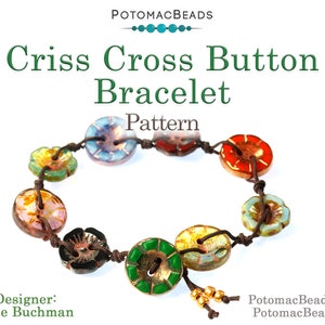 May include: A colorful bracelet made with criss-cross button beads and brown cord. The bracelet is tied with a knot and has a few gold beads hanging from the end. The bracelet is called "Criss Cross Button Bracelet" and the designer is Allie Buchman. The website for the bracelet is PotomacBeads.com and PotomacBeads.eu.
