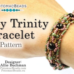 May include: A close-up of a beaded bracelet with black, green, and pink beads. The bracelet is on a person's wrist. The text "Holey Trinity Bracelet Pattern" is above the bracelet. The text "Designer: Allie Buchman" is below the bracelet.