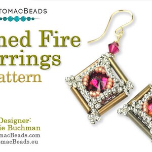May include: A pair of gold-toned earrings with a square design featuring a pink and gold bead cluster in the center. The earrings are framed with silver and gold beads and have a dangling crystal bead.
