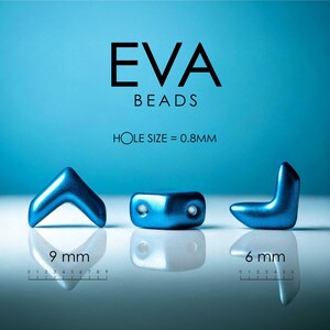 May include: Three metallic blue EVA beads with a smooth finish. The beads are displayed with text indicating a hole size of 0.8mm. Two beads are shown with measurement scales, one labeled 9 mm and the other 6 mm, reflecting their dimensions.