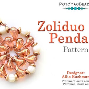 May include: A copper and white bead necklace with a pendant in the shape of a fan. The pendant is made with small, iridescent, peach-colored beads. The necklace is labeled "Zolidduo Fan Pendant Pattern" and "Designer: Allie Buchman".