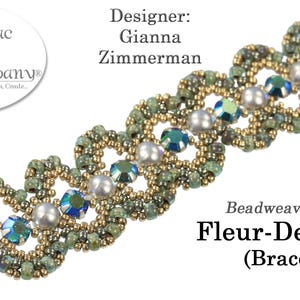 May include: A green and gold beaded bracelet with a floral design. The bracelet is made with small seed beads and larger pearl-like beads. The text "Beadweaving 1172 Fleur-Des-Duos (Bracelet)" is visible below the bracelet.