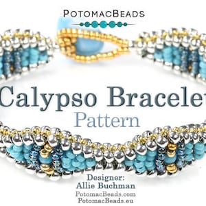 May include: A turquoise, silver, and gold beaded bracelet with a woven pattern. The bracelet is called the Calypso Bracelet Pattern and is designed by Allie Buchman.