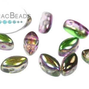 May include: Assortment of iridescent glass beads in shades of green, purple, and gold. The beads are oval shaped with a slight curve and have a metallic sheen.