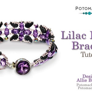 May include: Lilac Flower Bracelet Tutorial by Allie Buchman. A close-up of a purple and black beaded bracelet with a silver clasp. The bracelet is made with seed beads and features a flower design.