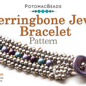 May include: A silver and gold herringbone bracelet with purple, blue, and silver beads. The bracelet has a purple button closure. The bracelet is called "Herringbone Jewel Bracelet Pattern" and is designed by Allie Buchman.