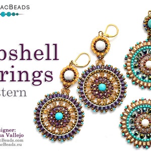 May include: A pair of beaded earrings with a turquoise and gold color scheme. The earrings are made with seed beads and feature a circular design with a white center bead. The earrings are labeled "Bombshell Earrings Pattern" and the designer is listed as "Marissa Vallejo".
