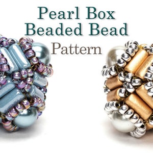 May include: Two beaded beads, one in blue and purple tones and one in gold and silver tones. Both beads are made with small seed beads and larger round beads. The beads are arranged in a box shape with a pearl in the centre of each side. The beads are displayed on a white background with the text "Pearl Box Beaded Bead Pattern" above them.