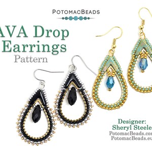 May include: A pair of beaded drop earrings with a teardrop shape. The earrings are made with black, silver, and gold beads. The earrings are designed by Sheryl Steele and are available on PotomacBeads.com and PotomacBeads.eu.