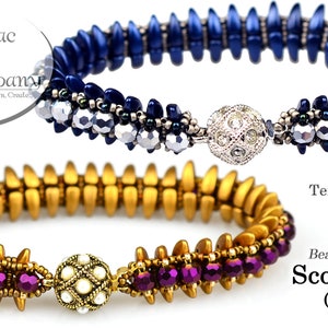 May include: Two beaded bracelets. One is navy blue with silver accents and a silver clasp. The other is gold with purple accents and a gold clasp. The image includes the text "The Potomac Bead Company" and "Scolopendra (Bracelet)".