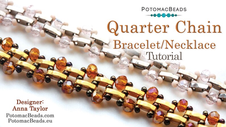 May include: Two beaded bracelets, one with gold and brown beads and the other with silver and pink beads, are shown in a close-up image. The bracelets are made with a quarter chain stitch. The image includes the text "Quarter Chain Bracelet/Necklace Tutorial" and "Potomac Beads".