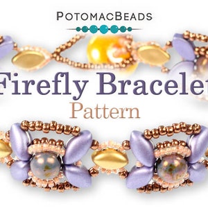 May include: A close-up of a purple and gold beaded bracelet with a "Firefly Bracelet Pattern" title. The bracelet is made with seed beads and features a flower design. The designer is Allie Buchman, PotomacBeads.com.