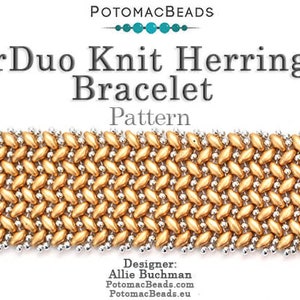 May include: A gold and silver SuperDuo knit herringbone bracelet pattern. The pattern is made with small, round beads in a herringbone design.