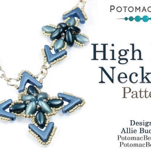 May include: A blue and silver beaded necklace with a geometric design. The necklace is called "High Rock Necklace Pattern" and is designed by Allie Buchman. The website for the designer is PotomacBeads.com.