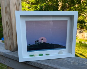 Pink Moon framed 8x10 with authentic Nubble Lighthouse sea glass