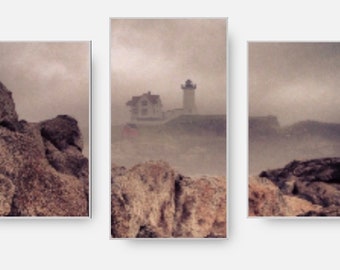 Out of the Fog at the Nubble Lighthouse 3 panel canvas