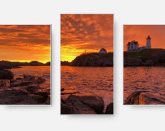 Orange Sunset at the Nubble Lighthouse 3 panel canvas