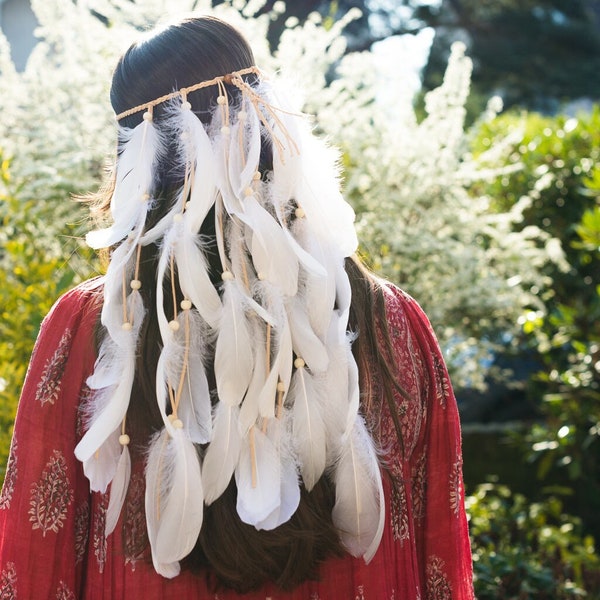 Boho WHITE FEATHER HEADBAND, Bohemian Handmade Unique Hairband, Beach Bridal Hair Accessory, Gypsy Braided Head Piece, Festival Beach Crown