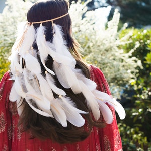 Boho WHITE FEATHER HEADBAND, Bohemian Handmade Unique Hairband, Beach Bridal Hair Accessory, Gypsy Braided Head Piece, Festival Beach Crown image 3