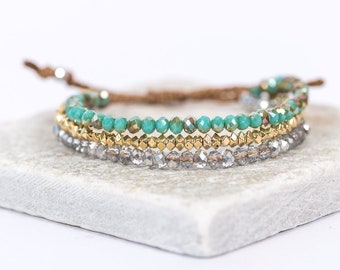 LAYERED Turquoise CRYSTAL BRACELET, Handmade Gemstone Bohemian Wristband, Adjustable Layering Luxury Jewellery, Stacking Summer Sparkly Gift