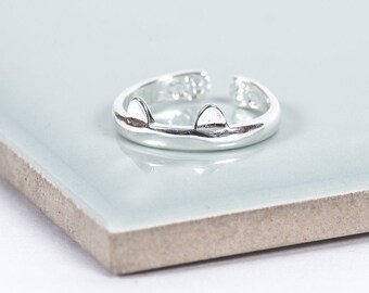 Sierlijke Sterling Zilveren CAT EARS Ring, Meisjes Cute Unieke 925 Silver Stackable Midi Ring, Mooie Cat Lover Geschenken, Paw Print Girly Sieraden