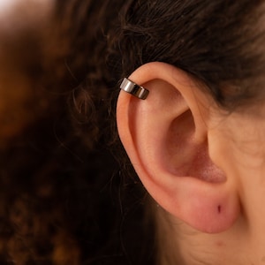 Women's Striking Gun Black Ear Cuff, Classic Adjustable Silver And Gun Black Band Earrings, Night Out Statement Earrings