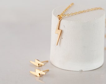 Womens Gold Filled Lightning Necklace & Stud Earrings Set, Simple Eyecatching Gold Weather Jewelry, Minimal Lightning Earrings Necklace