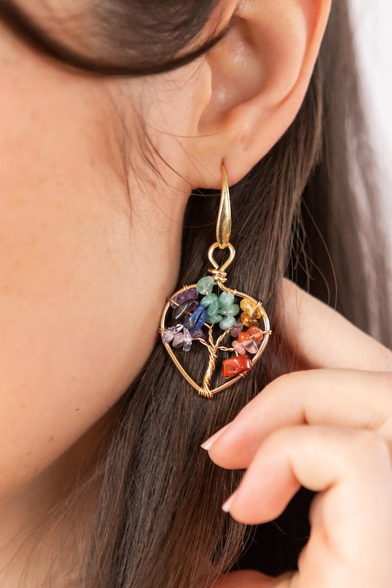 Tree Of Life Chakra Crystal Earrings, Crystal Healing Jewelry, Bohemian Drop Earrings, Colourful jewellery, Statement Earrings