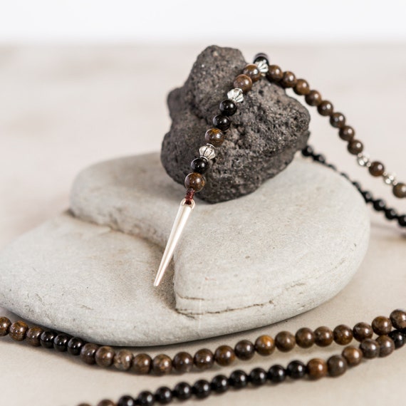 Men's Natural Bronzite And Agate Beaded Necklace