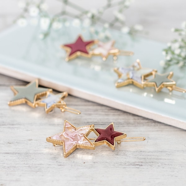 Double Star Festive GOLD HAIR CLIPS, Christmas Luxury Handmade Hair Accessory, Encased Xmas Hairstyle Barrette, Girls Alloy Bobby Pins