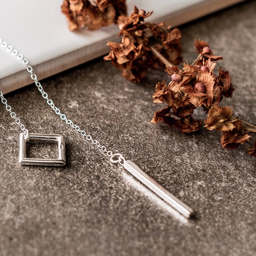 Long Square Bar Silver Necklace - Etsy 日本
