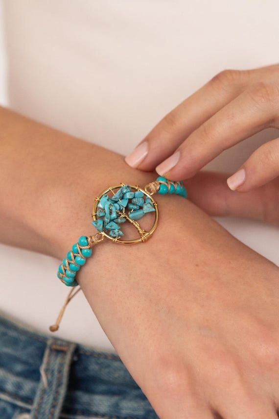 Tree Of Life Healing Crystal Bracelet, Turquoise Stone Bracelet, December Birthstone Jewelry, Unique Positive Energy Gemstone, Crystal Gift